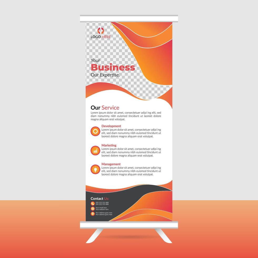 a roll up banner with orange and black design vector
