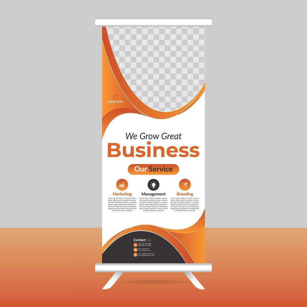 a roll up banner stand with an orange and black design vector