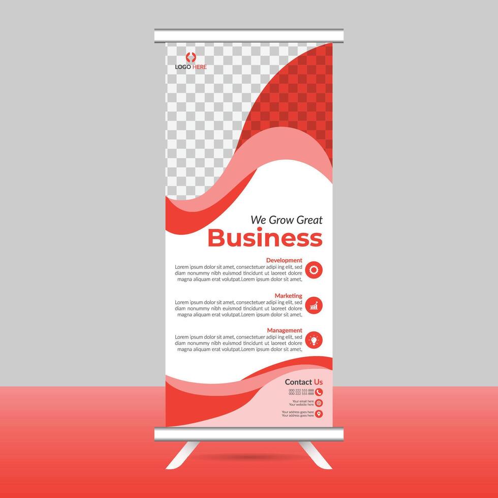 a roll up banner with red and white design vector