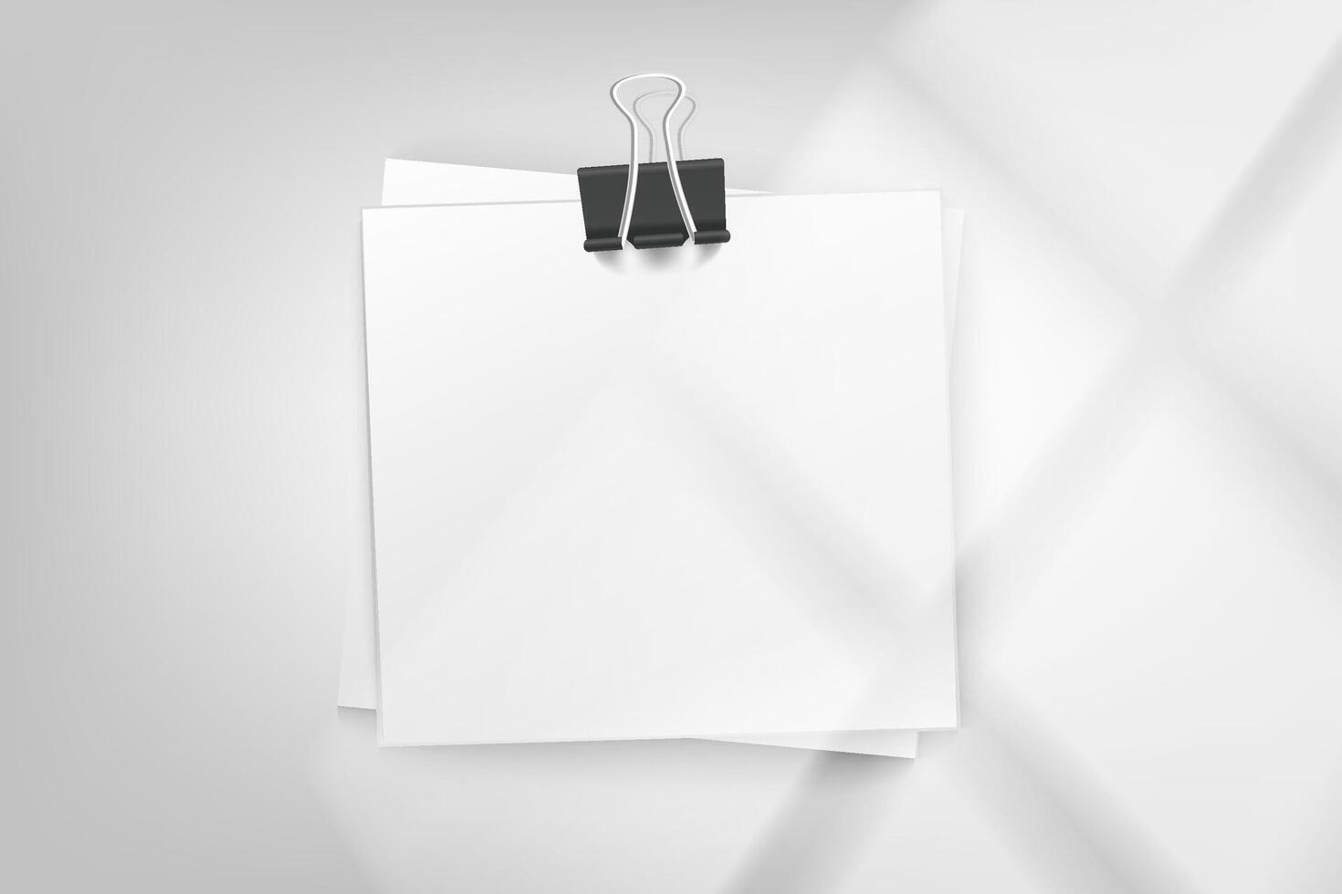 Stack of white paper stickers on bright background with window light. 3d mockup vector