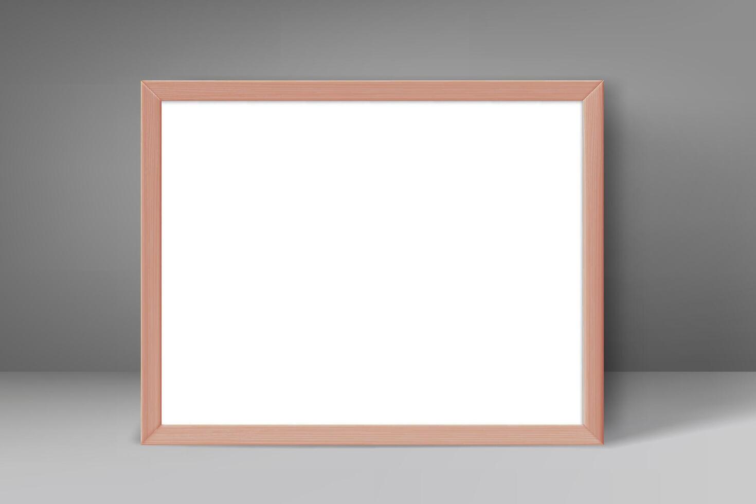 Blank wood frame in grey interior. 3d mockup vector