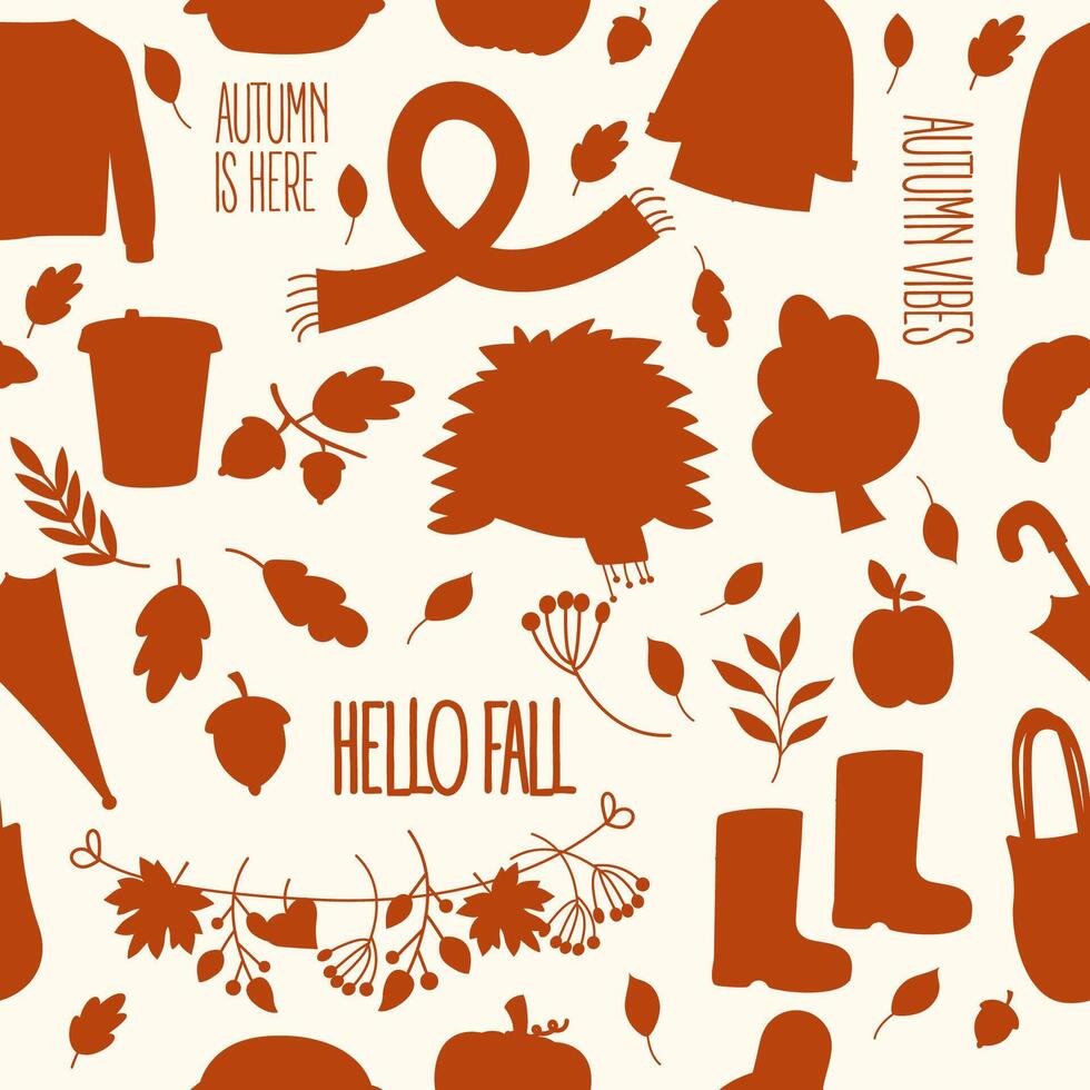 Orange autumn silhouette seamless pattern. Cute fall background for kids vector