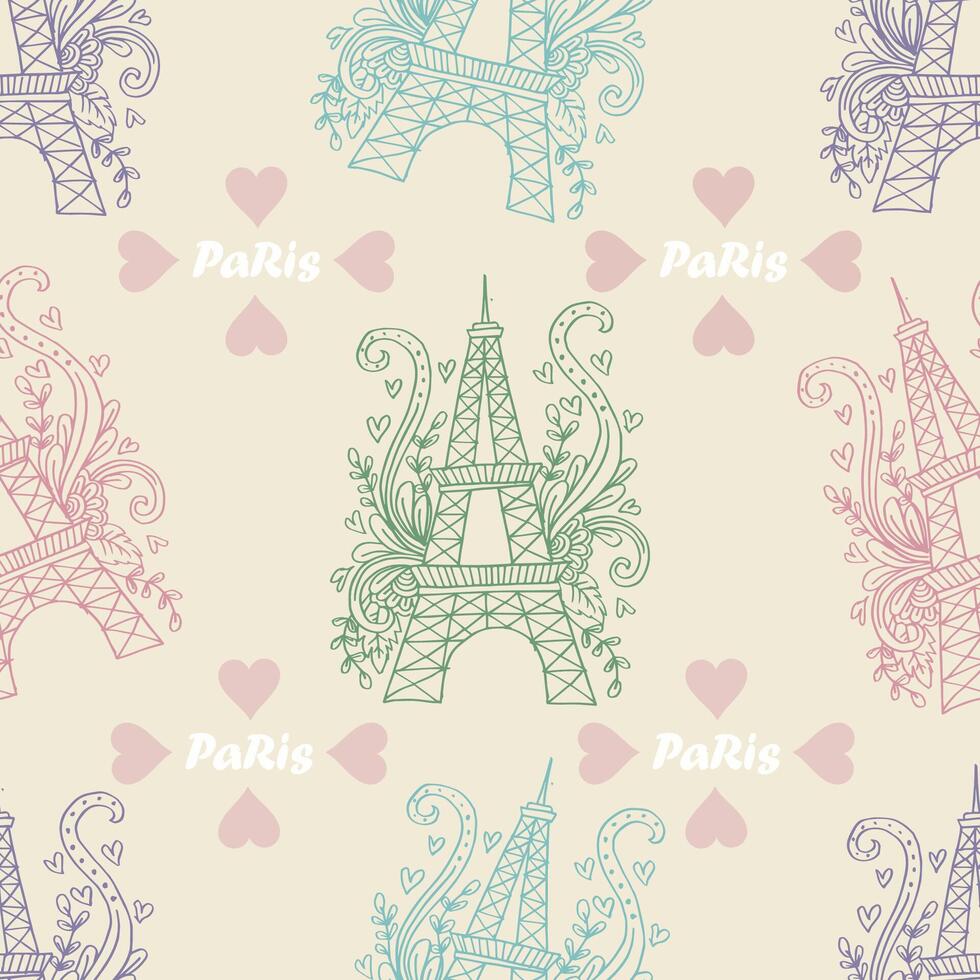 Seamless pattern with Eiffel tower and hearts. vector
