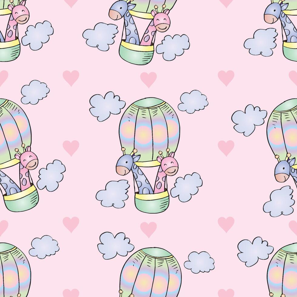 Giraffes in hot air balloons pattern vector