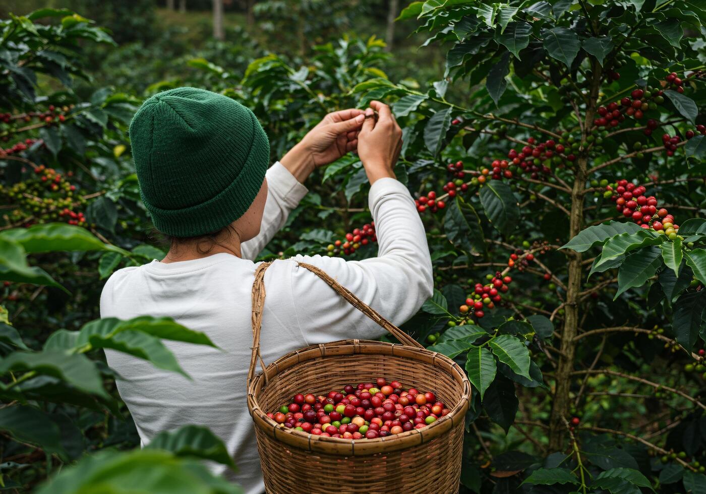 a woman picking coffee beans from a tree photo