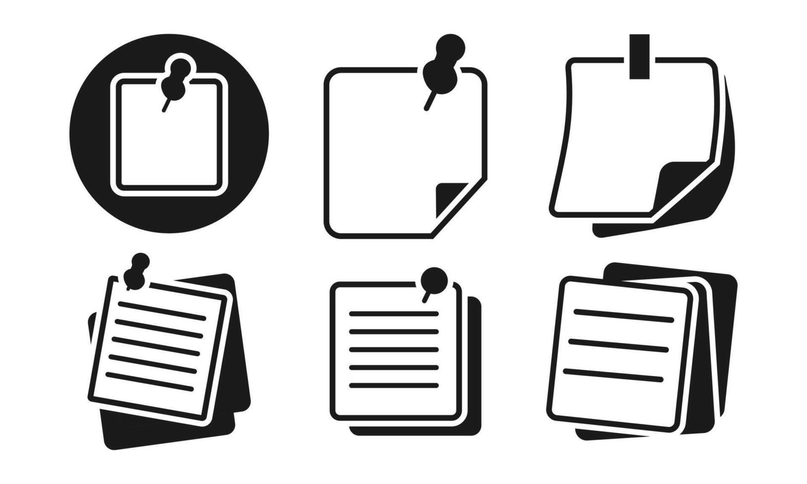 Set of Essential Monochrome Sticky Note and Pushpin Icons for Reminders and Organization vector