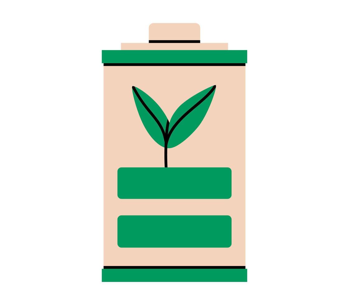 Hand drawn cute cartoon illustration of battery with leaf. Flat alkaline accumulator doodle. Ecology problem sticker, icon. Green renewable energy. Environmental pollution. Isolated. vector