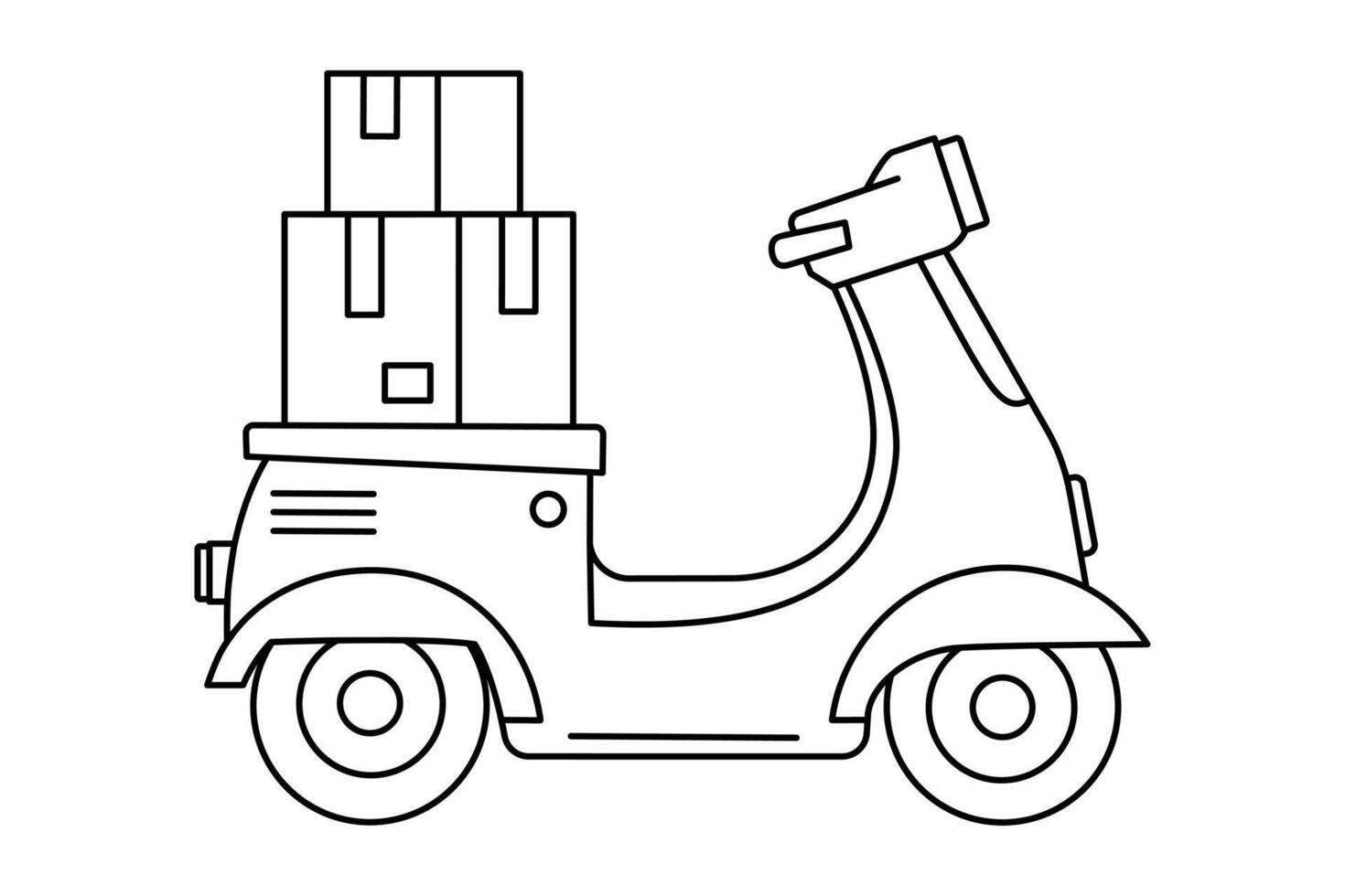 Hand drawn cute outline illustration of cardboard box on scooter. Flat package motorbike transportation line art doodle. Courier shipping icon. Shopping logistics. Delivery service. Isolated. vector