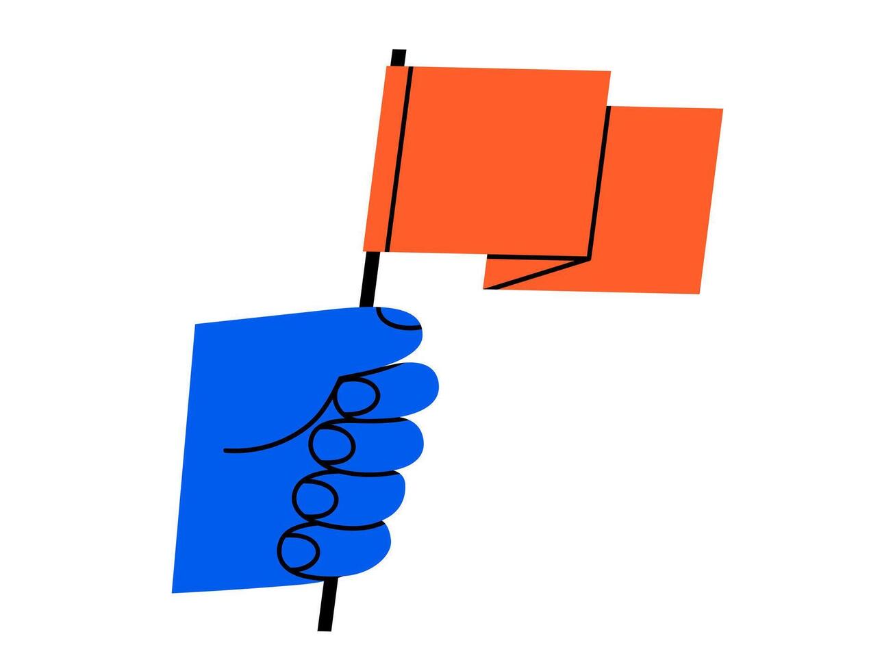 Hand drawn cute cartoon illustration of hand holding red flag. Flat warning sign banner in human arm sticker doodle. Relationship difficulties icon. Protest, danger, attention signal. Isolated. vector
