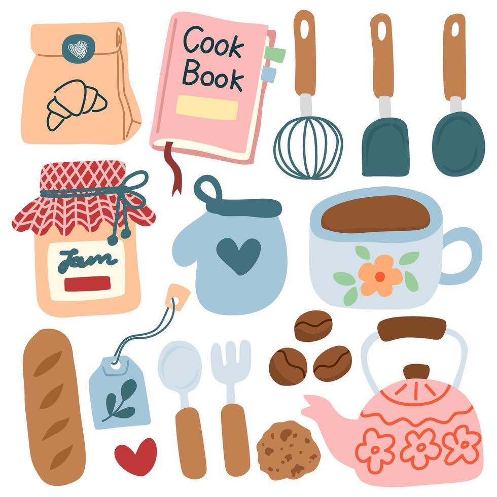 hand drawn kitchen tools Cute cooking and baking elements. Hand drawn illustration vector