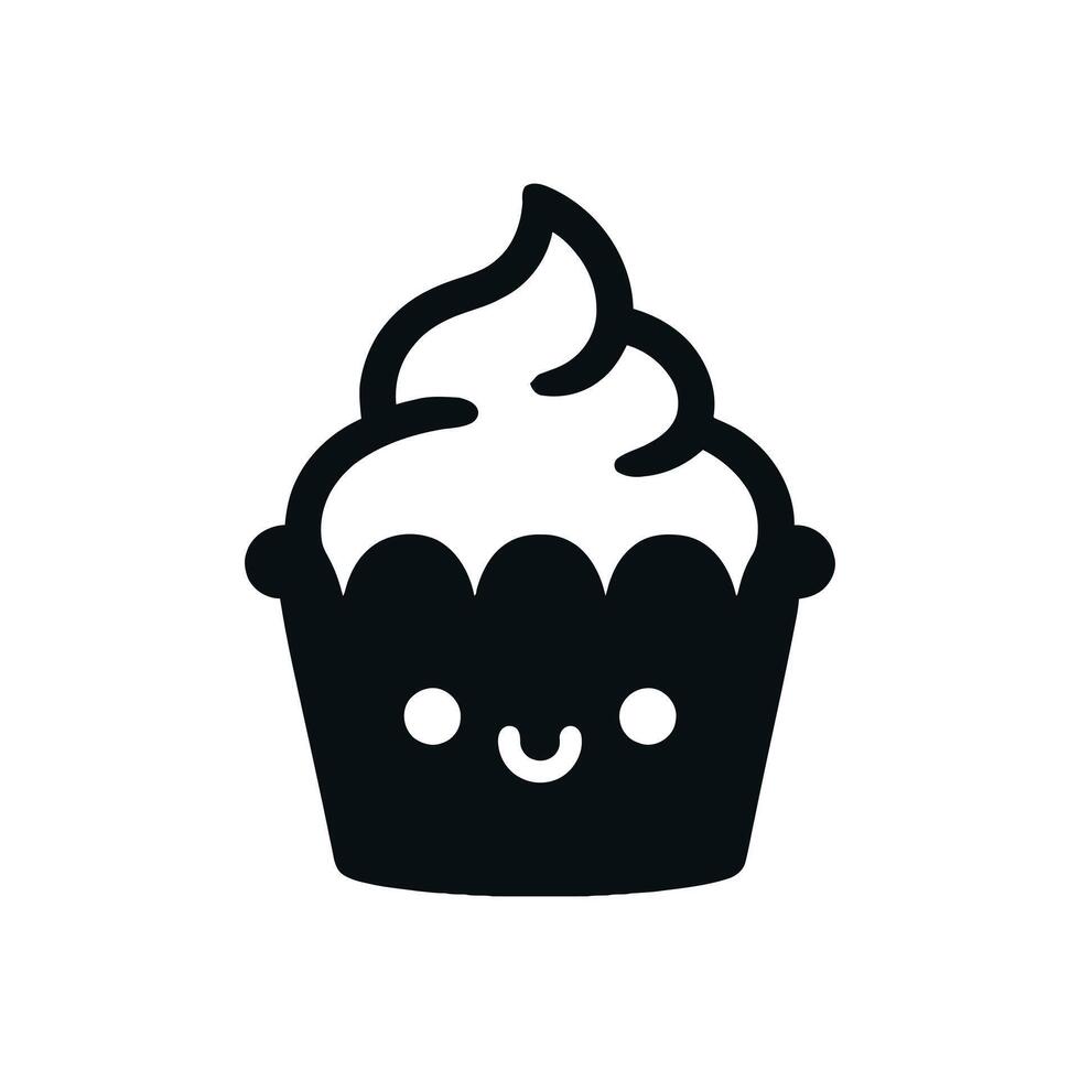 Cute cupcake icon with a smiling face. Kawaii dessert character for a bakery or sweet shop logo. Simple black silhouette isolated on white vector