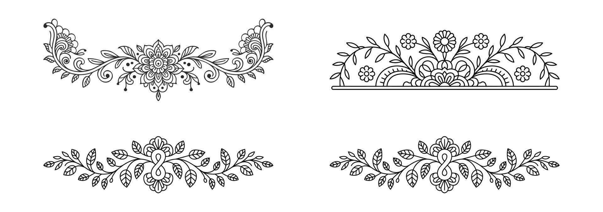 Four decorative floral borders with swirls and leaves isolated on white background vector