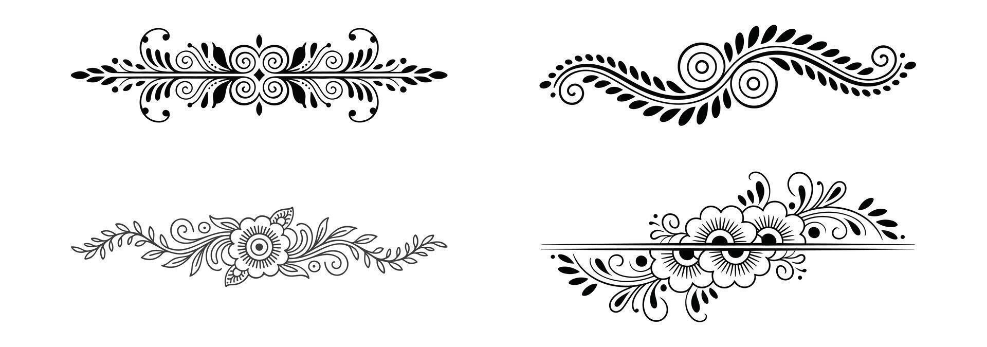 Four ornate black floral decorative borders isolated on white background vector