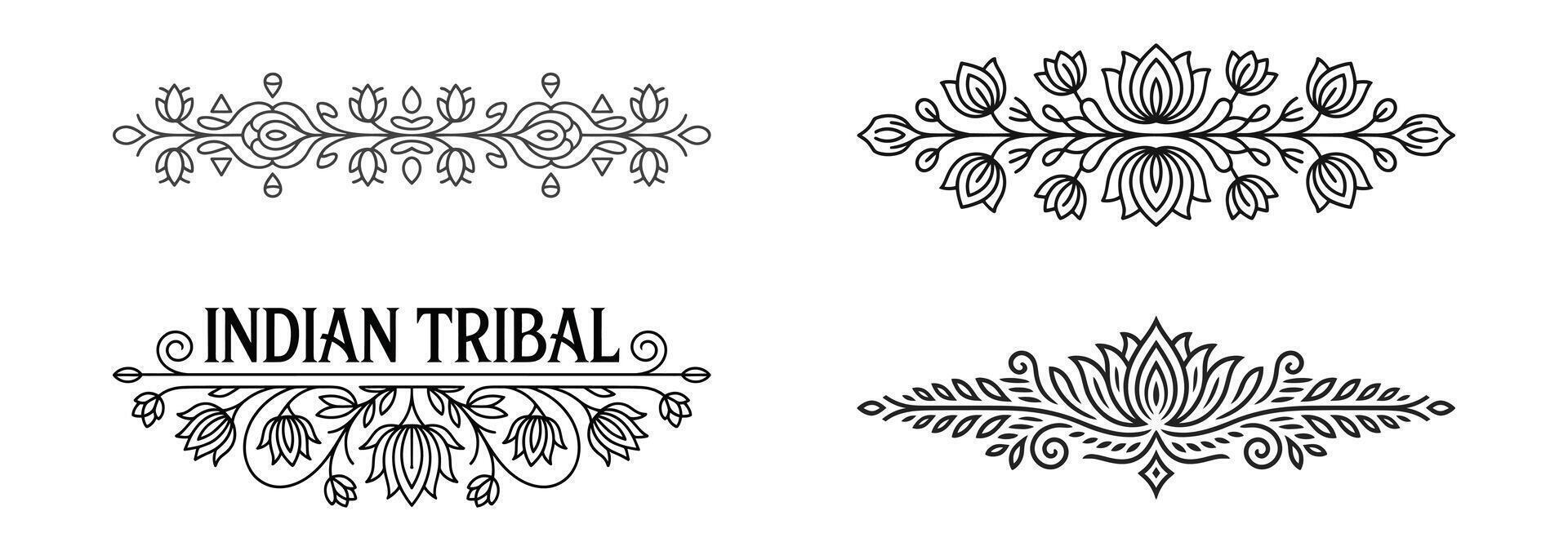 Collection of indian tribal floral ornaments and borders isolated on white background vector