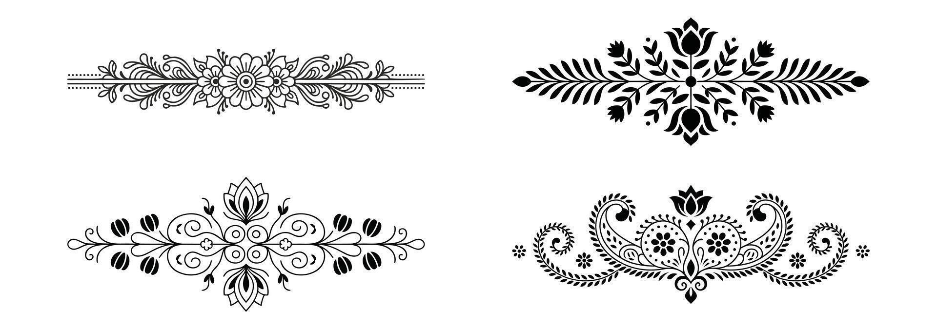 Four ornate floral decorative borders and dividers isolated on white background vector