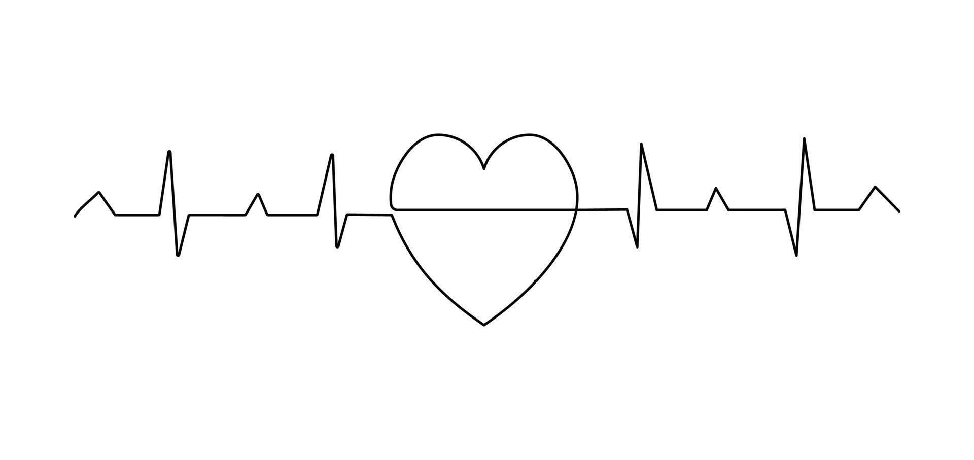 Heart Shape with Pulse Trace. Continuous Line Art of Love Symbol and Heartbeat Line vector