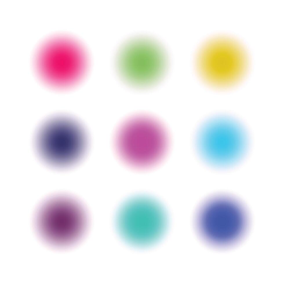 Vibrant gradient circle set with watercolor blur mesh shapes on white background. Abstract neon blobs with soft aura and noise texture for modern design vector