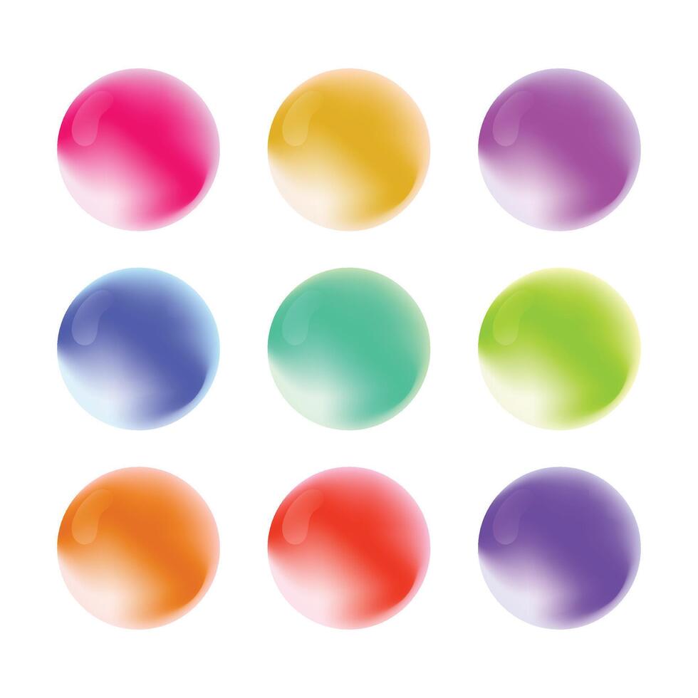 Vibrant gradient circle set with watercolor blur mesh shapes on white background. Abstract neon blobs with soft aura and noise texture for modern design. vector