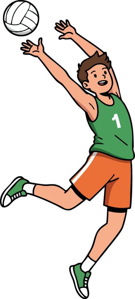 Boy jumping to hit volleyball in green jersey and orange shorts active sports player illustration vector