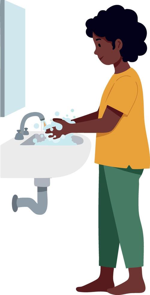 Child washing hands at bathroom sink in yellow shirt and green pants hygiene and cleanliness illustration vector