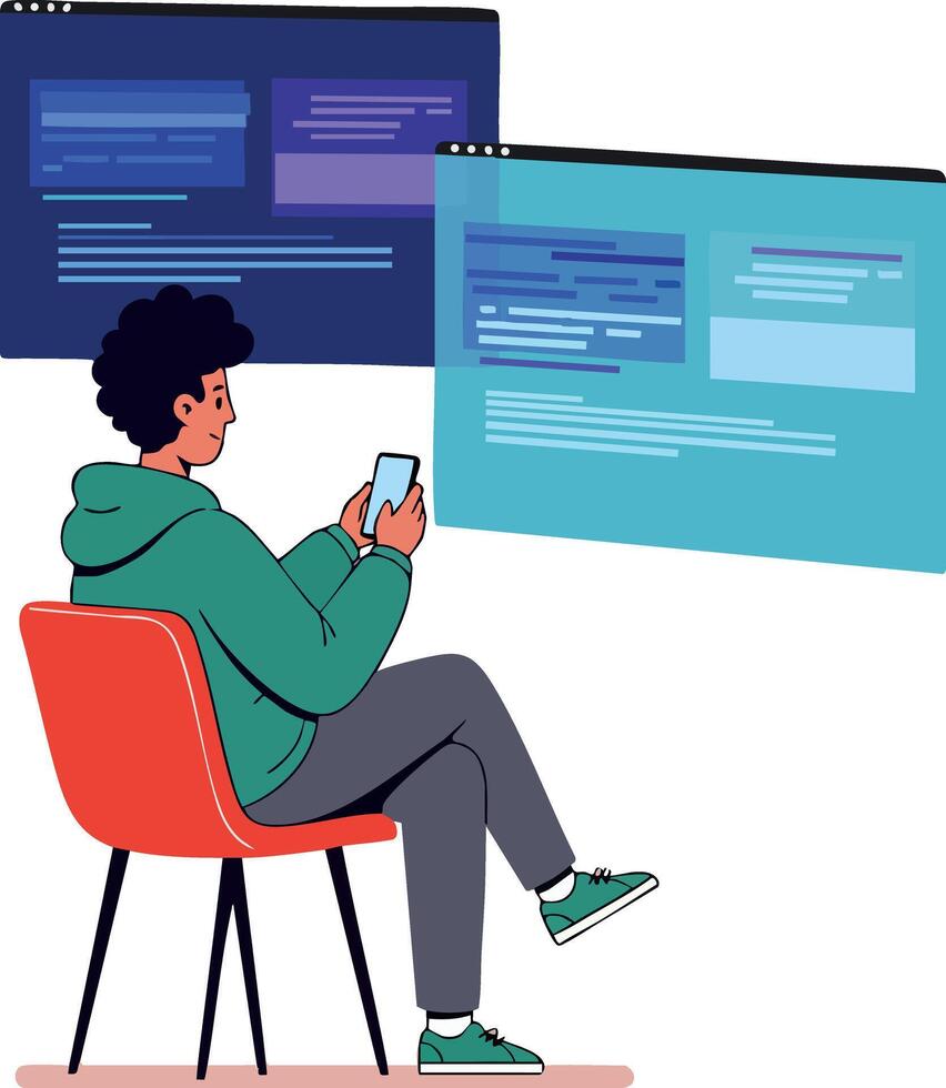 Young man using smartphone with floating programming code windows in modern digital workspace environment illustration vector