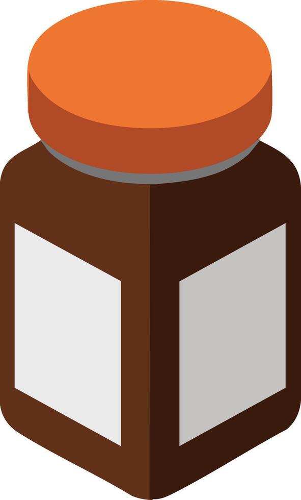 Brown medicine jar with orange lid and blank label isometric style illustration for healthcare and pharmaceutical design vector