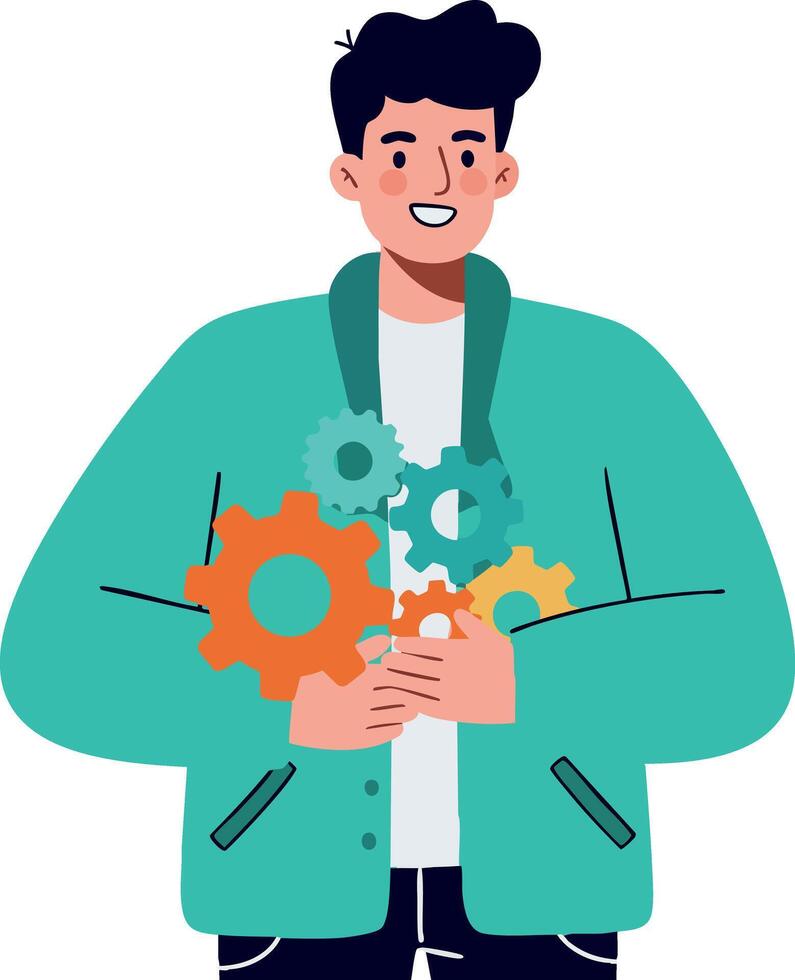 Young man holding colorful gears symbolizing teamwork and innovation in technology and engineering concepts illustration vector