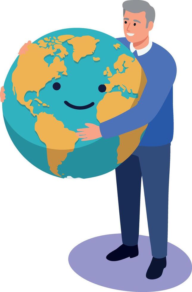 Man hugging happy smiling earth globe showing environmental care and global love illustration vector
