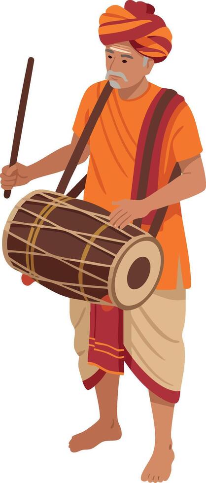 Traditional Indian man playing dhol drum in ethnic clothing with turban and dhoti illustration vector