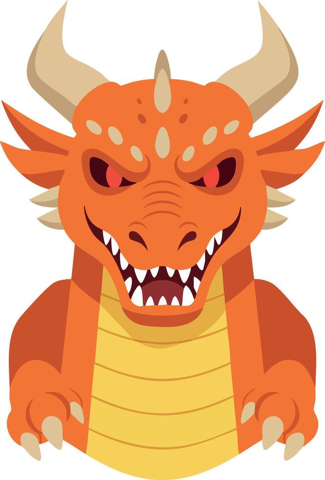 Fierce orange dragon head with sharp teeth and horns fantasy creature illustration design vector
