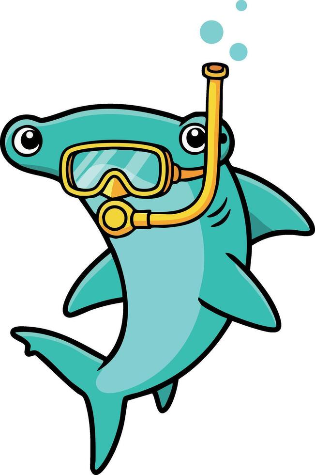 Hammerhead shark wearing snorkeling gear underwater diving with bubbles in cartoon style illustration vector