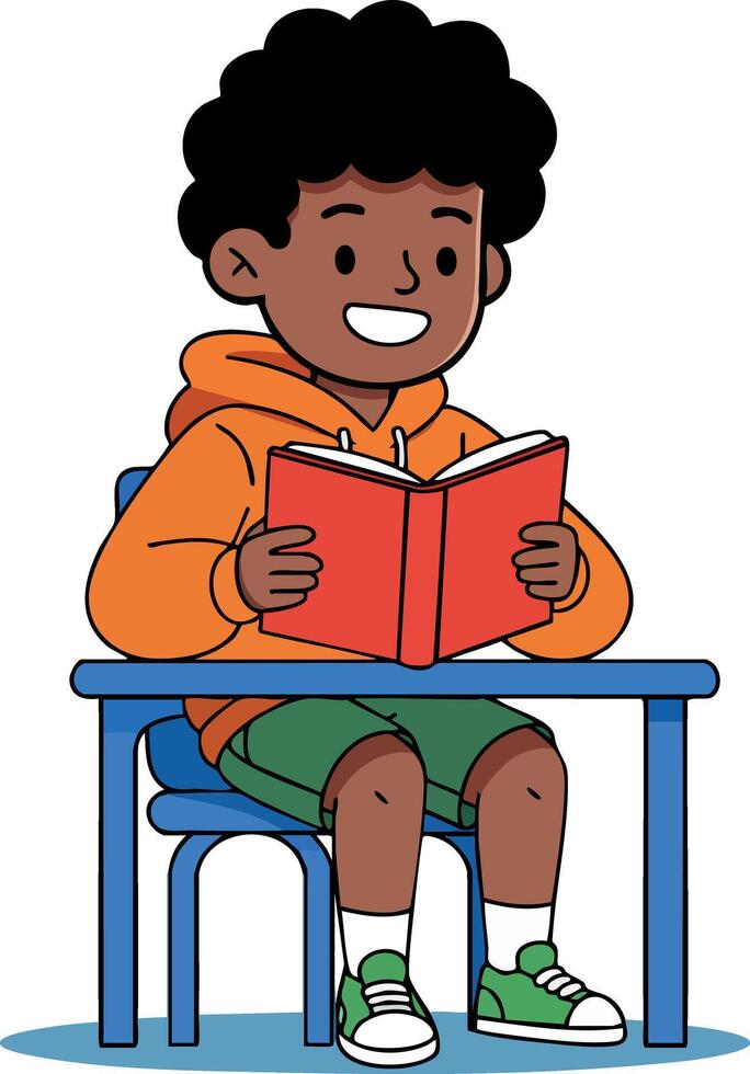 Boy sitting at desk reading book in casual orange hoodie and green shorts educational activity illustration vector