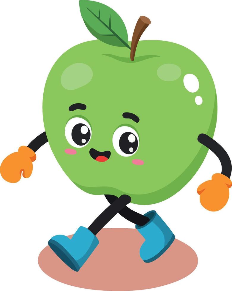 Green apple character walking with boots and gloves cute fruit mascot illustration vector