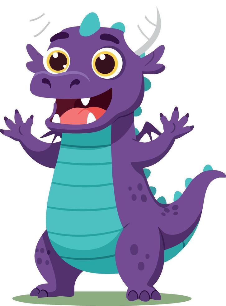 Cute purple cartoon baby dragon with turquoise belly and playful expression illustration vector