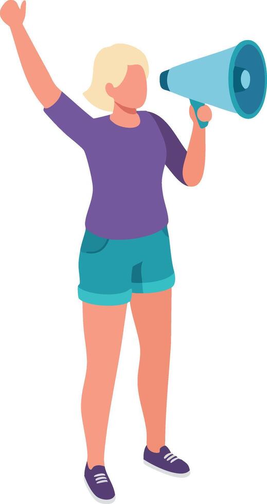 Woman with megaphone shouting and raising hand in purple shirt and blue shorts illustration vector