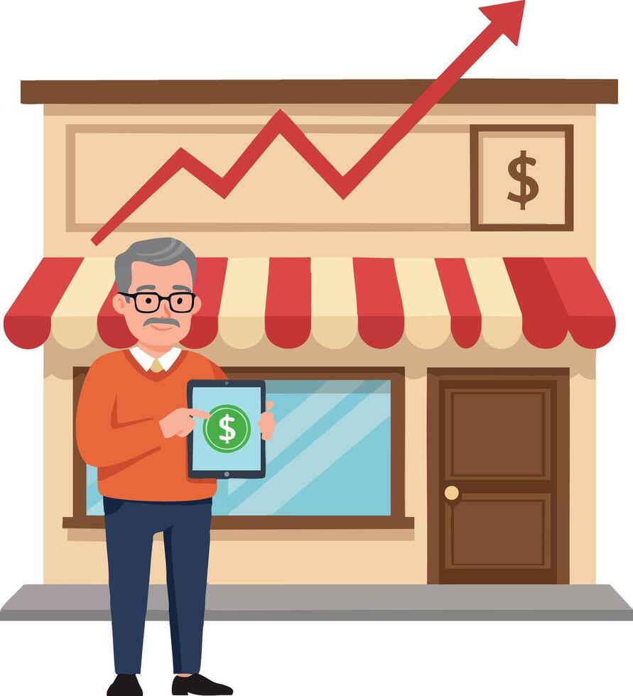 Small business owner showing financial growth on digital tablet with rising arrow graphic on storefront building facade vector