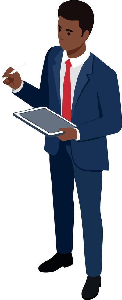 Businessman in navy blue suit with red tie holding digital tablet and stylus pen in standing pose illustration vector