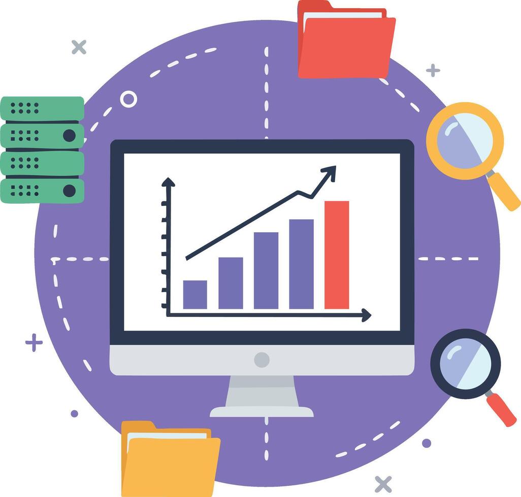 Computer monitor with business growth chart and data analysis icons in flat style illustration vector