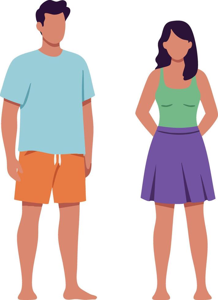 Young man and woman casual summer clothing standing barefoot illustration in simple flat style vector