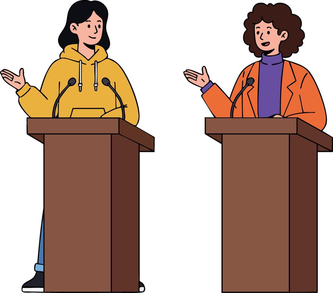 Two women speaking at podiums wearing yellow and orange jackets illustration for public speaking or debate events vector