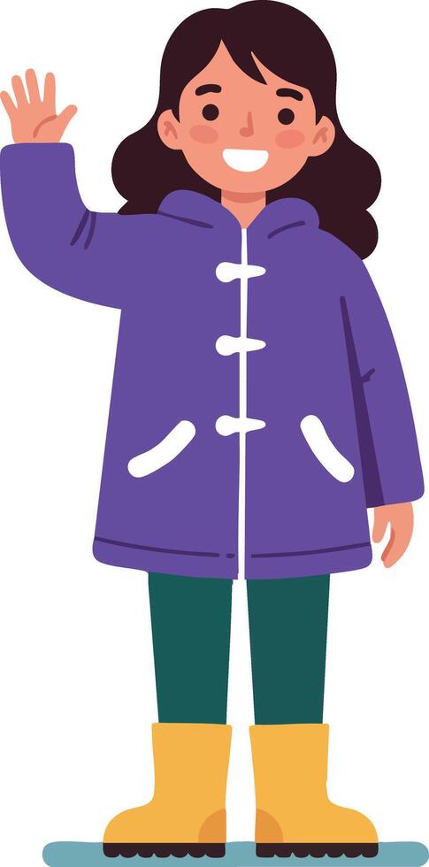 Girl waving hand wearing purple winter jacket with yellow boots and green pants illustration vector