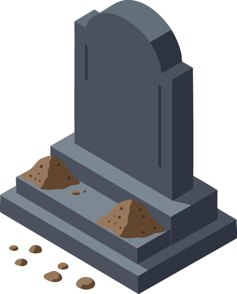 Gravestone tombstone with soil piles and scattered dirt in isometric style illustration for cemetery design and memorial concept vector