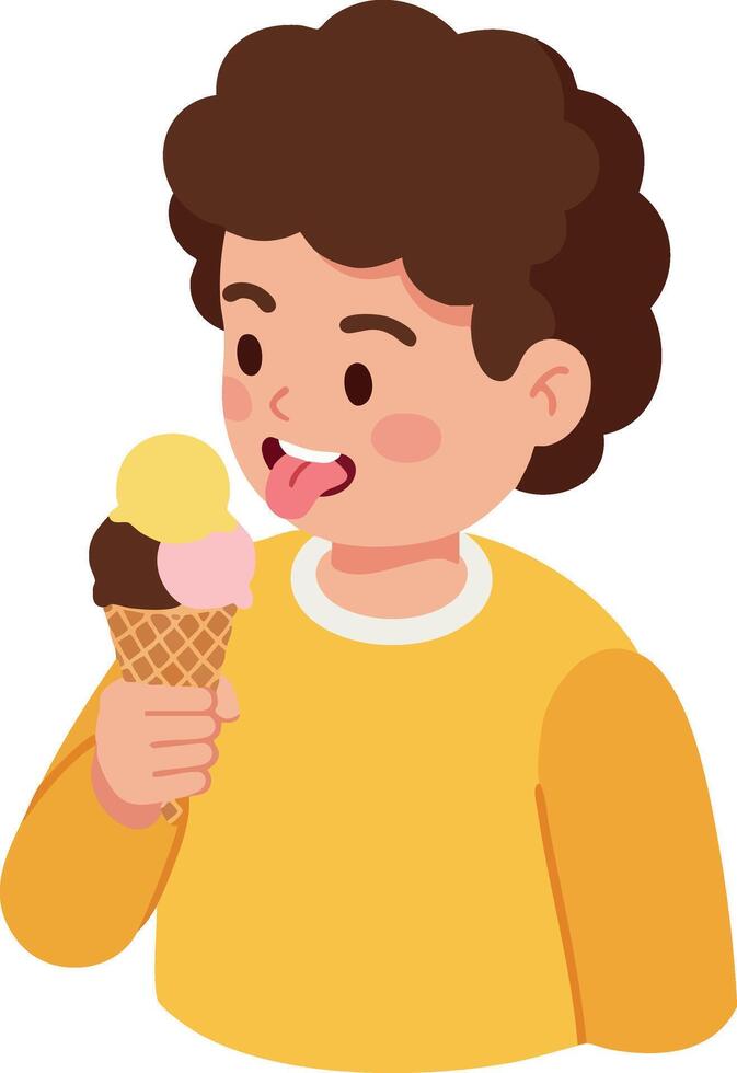 Child eating ice cream cone with yellow sweater enjoying summer treat in style illustration vector
