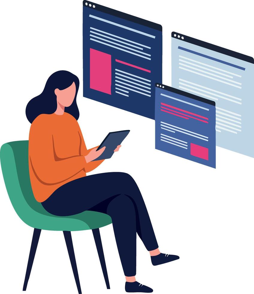 Woman using tablet with floating digital screens user interface technology illustration vector