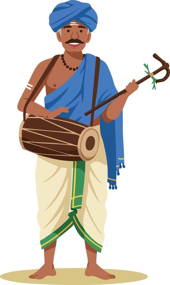 Traditional Indian man playing dhol drum wearing turban and dhoti cultural music illustration vector