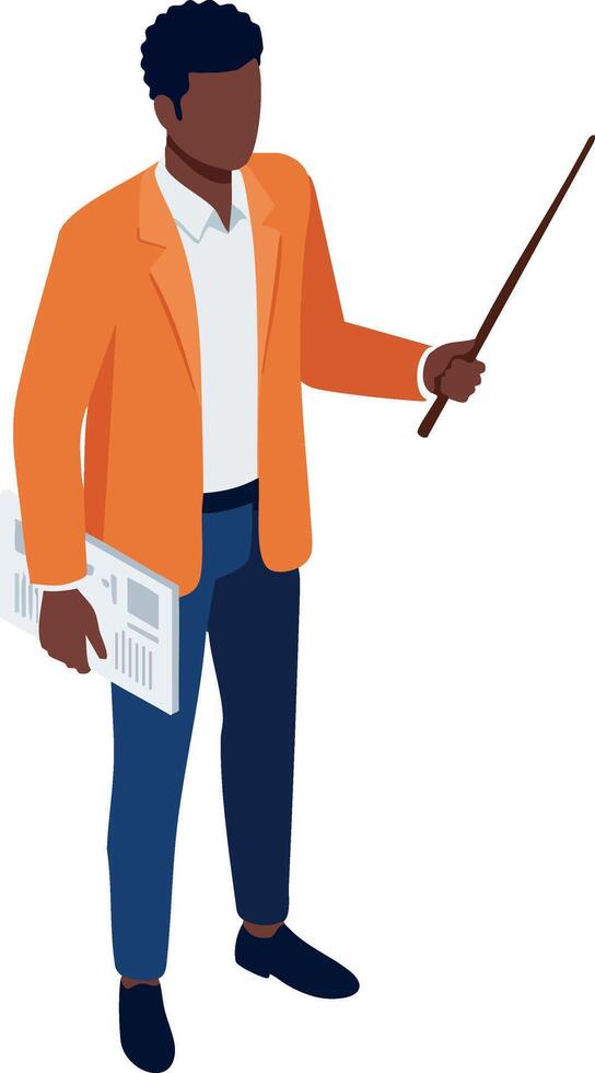 Man in orange jacket holding pointer and newspaper standing isolated design for business presentation or teaching concept vector