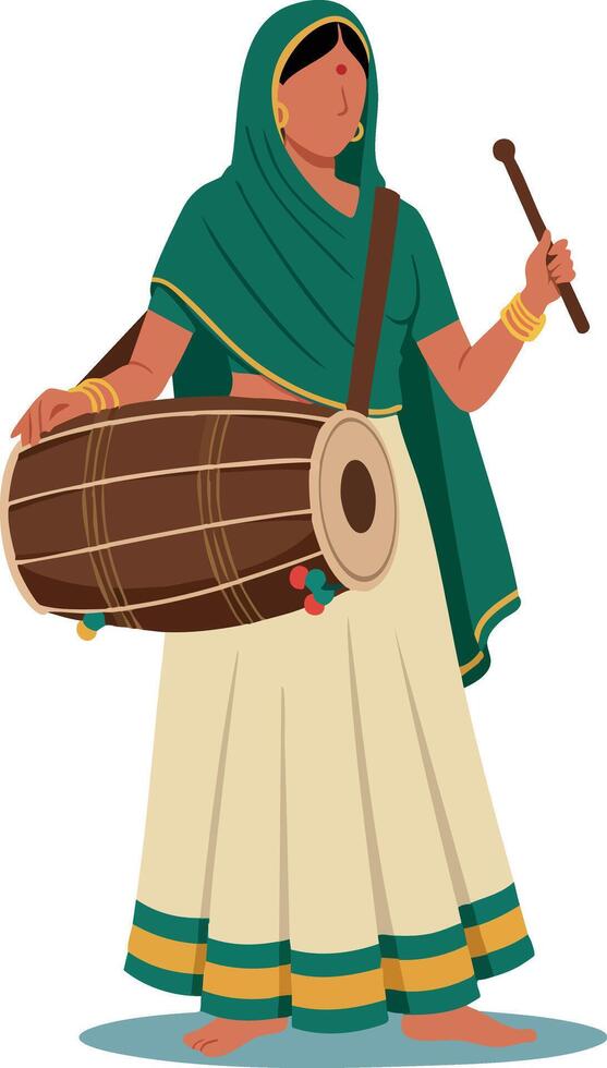 Indian woman playing traditional dhol drum wearing ethnic saree and green headscarf illustration vector