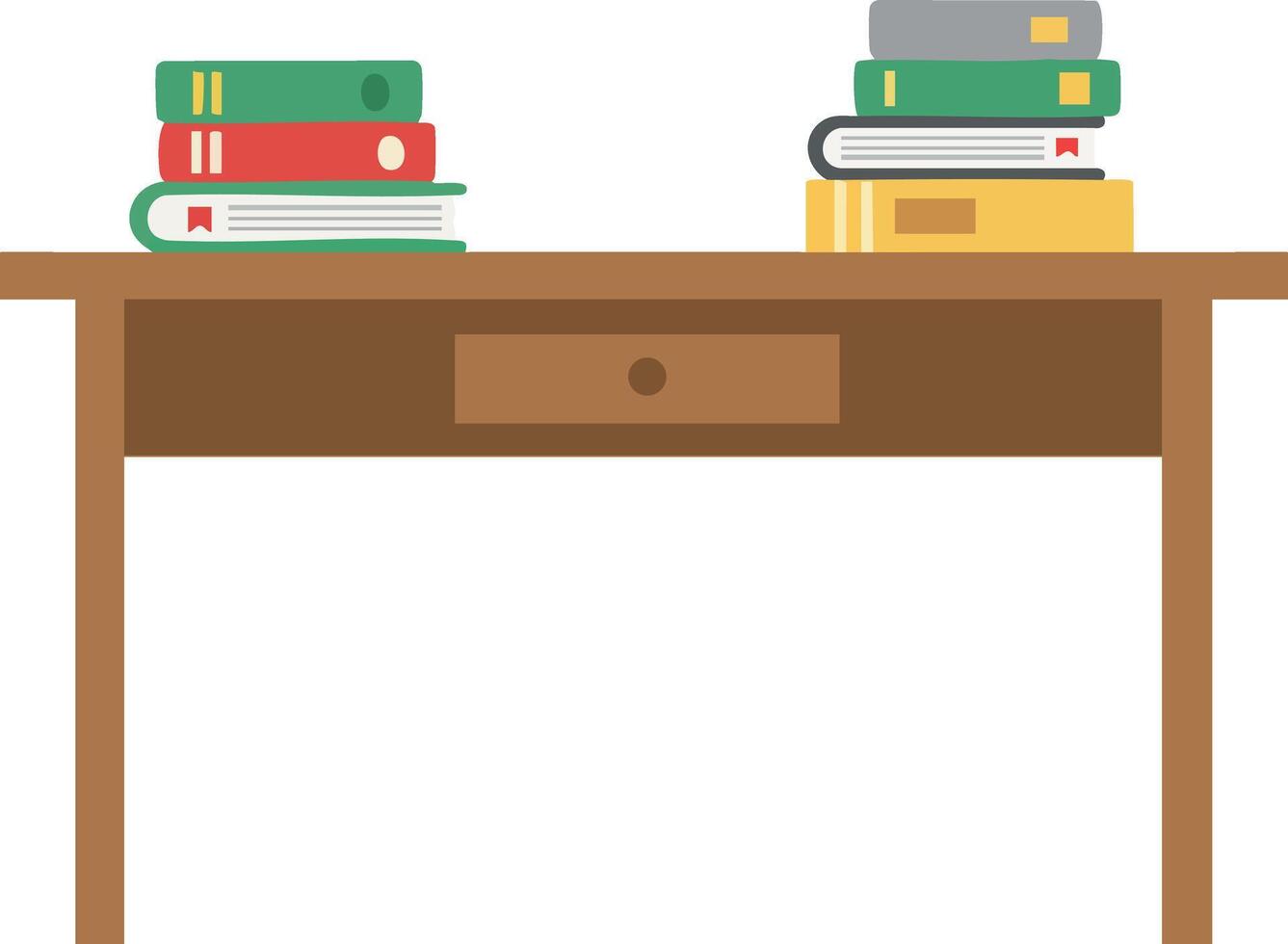 Wooden desk with stacked books in colorful covers and simple flat design for study or office use vector