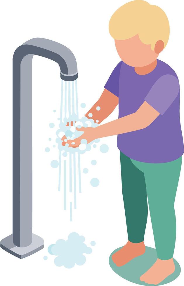 Child washing hands under outdoor faucet with flowing water in casual clothing barefoot hygiene practice vector