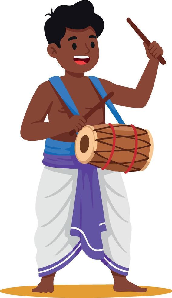Young boy playing traditional drum wearing dhoti and sash cultural music illustration vector